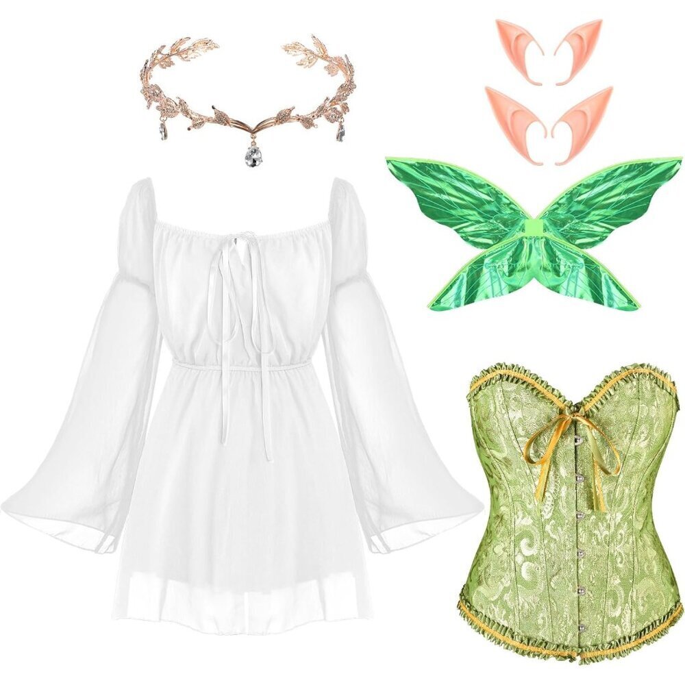 Women Fairy Elf Costume Set Medieval Renaissance Dress Accessories Halloween